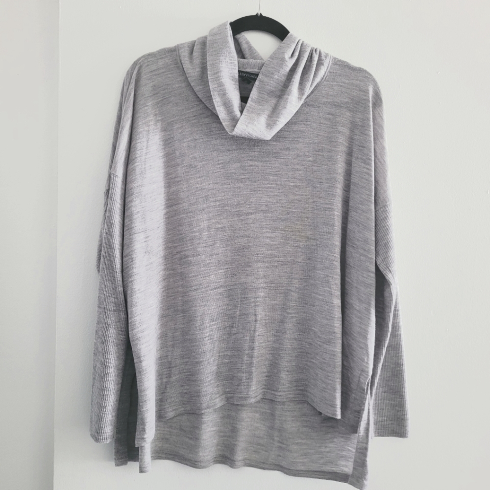 Eileen Fisher merino woo gray long sleeve oversized turtlneck sweater size L